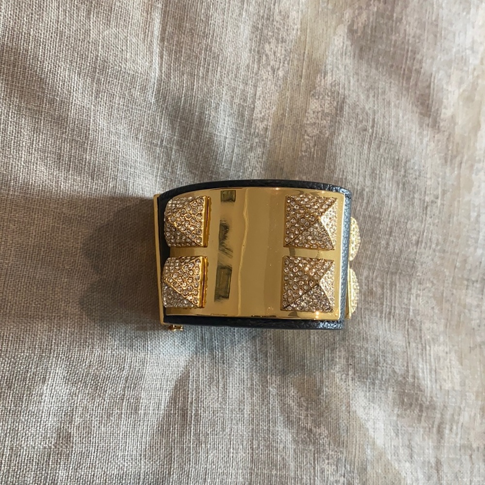 C. Wonder Gold Rhinestone and Black Leather Cuff Bracelet
